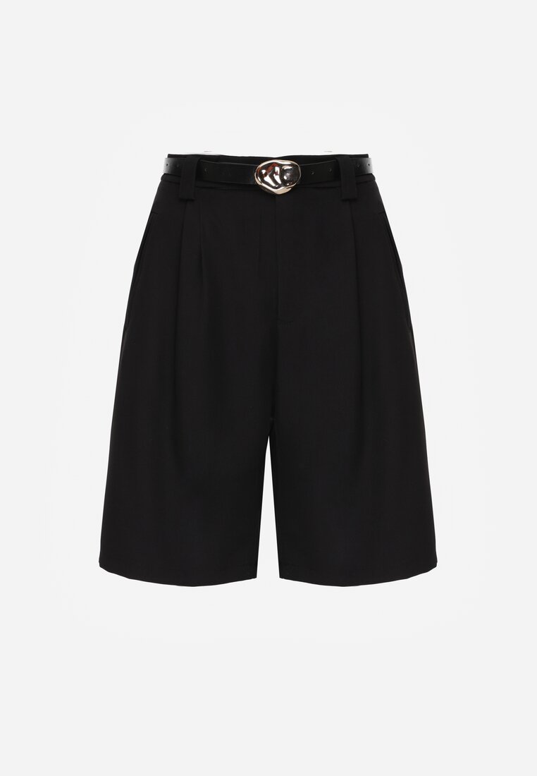 Czarne Szorty Bermudy Eleganckie z Paskiem High Waist Rhodissa