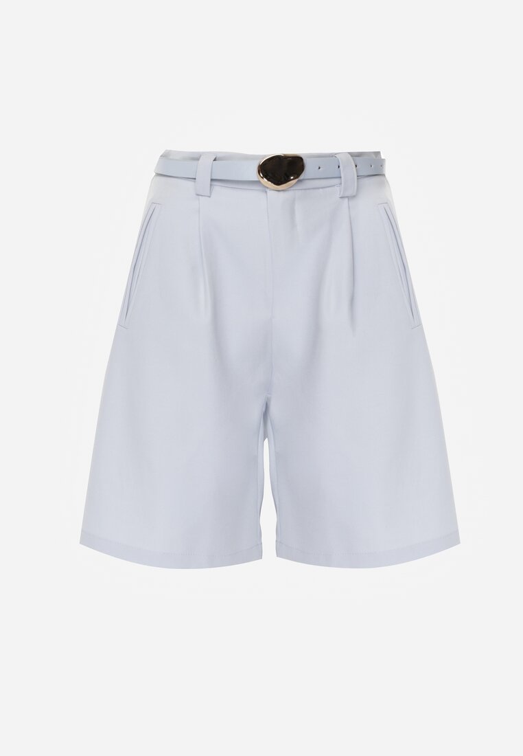 Niebieskie Szorty Bermudy Eleganckie z Paskiem High Waist Rhodissa