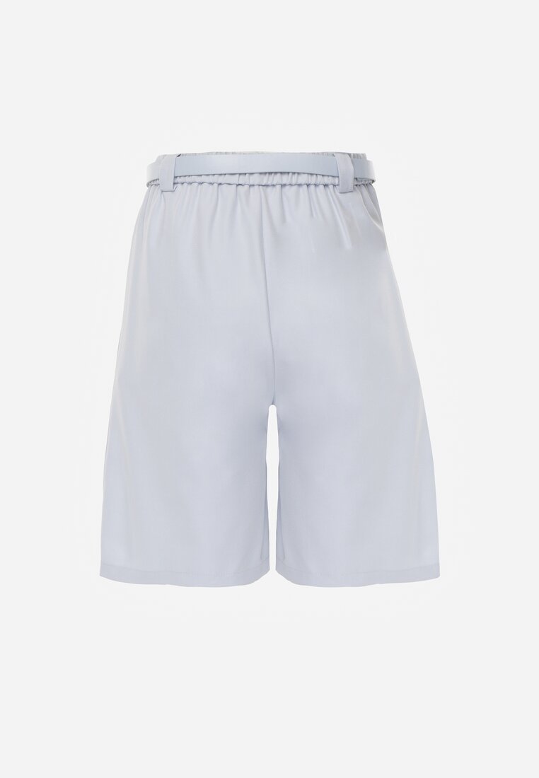Niebieskie Szorty Bermudy Eleganckie z Paskiem High Waist Rhodissa