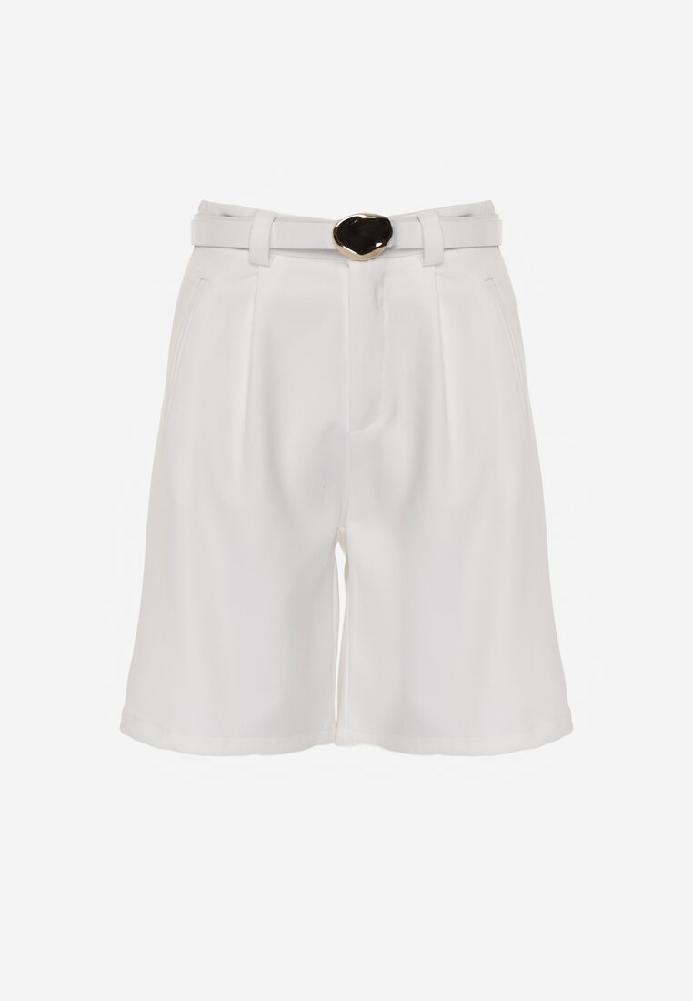 Białe Szorty Bermudy Eleganckie z Paskiem High Waist Rhodissa
