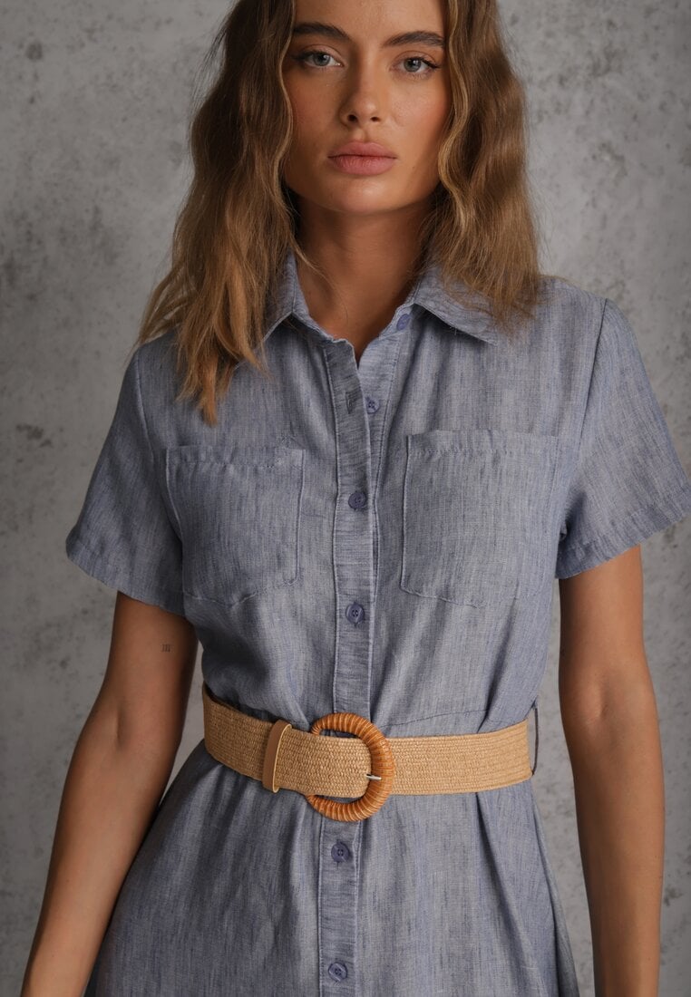 Niebieska Sukienka o Koszulowym Fasonie z Krótkim Rękawem i Paskiem z Klamrą  Sylphusi