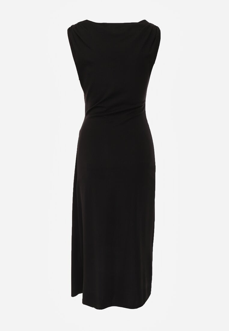 Czarna Dopasowana Sukienka Elegancka z Aplikacją w Talii Corope