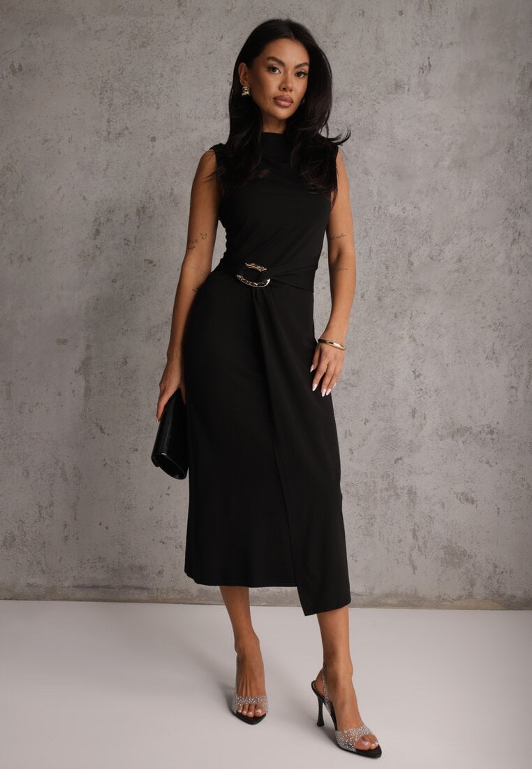 Czarna Dopasowana Sukienka Elegancka z Aplikacją w Talii Corope