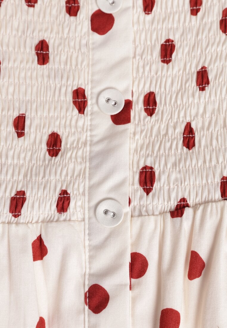 Beżowa Rozkloszowana Sukienka w Kropki z Bawełny z Bufiastymi Rękawami Aninele