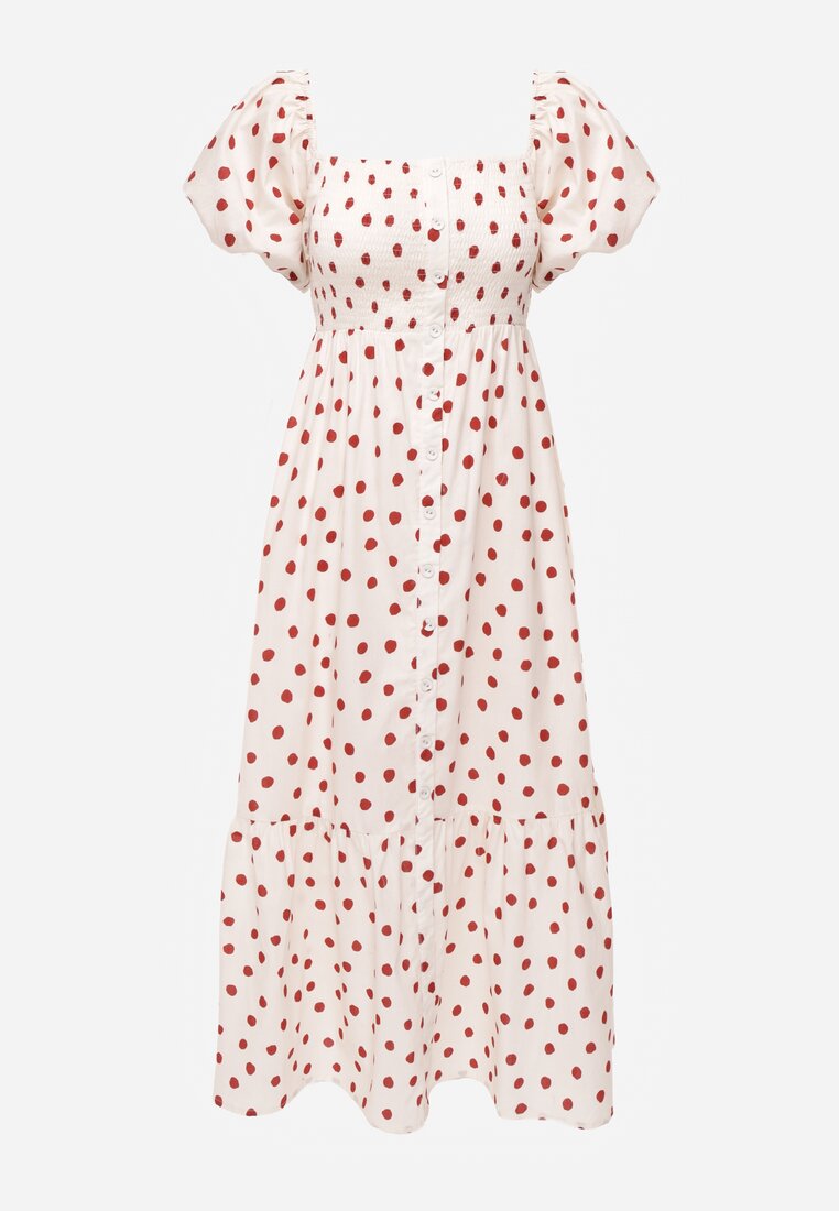 Beżowa Rozkloszowana Sukienka w Kropki z Bawełny z Bufiastymi Rękawami Aninele