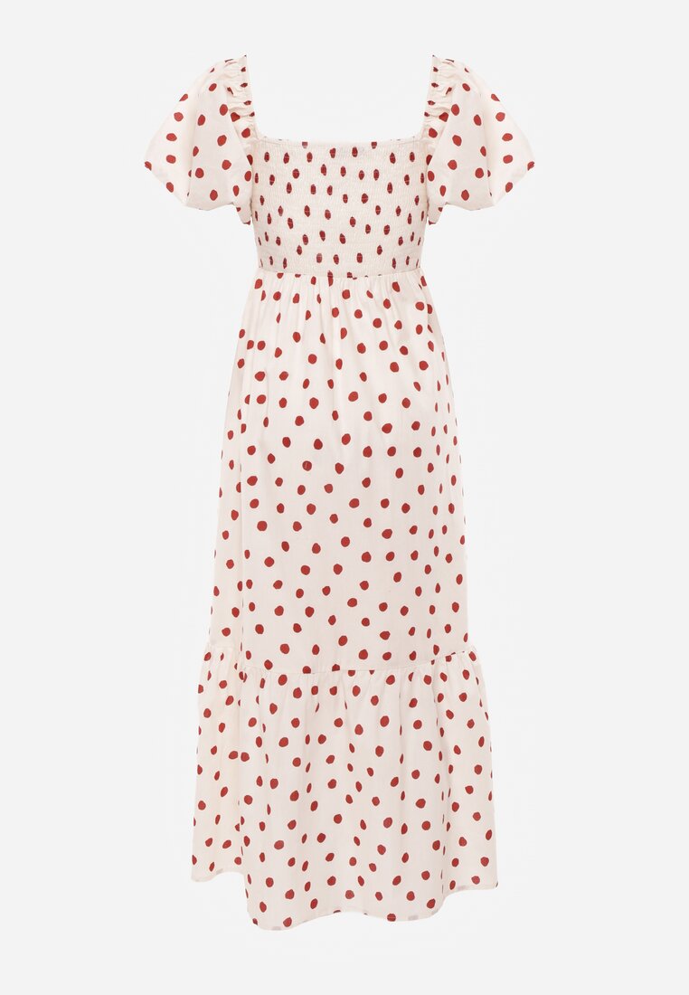 Beżowa Rozkloszowana Sukienka w Kropki z Bawełny z Bufiastymi Rękawami Aninele