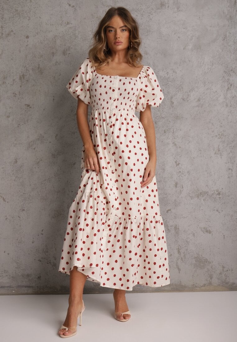 Beżowa Rozkloszowana Sukienka w Kropki z Bawełny z Bufiastymi Rękawami Aninele