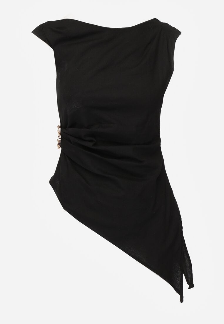 Czarna Marszczona Asymetryczna Bluzka z Bawełny z Ozdobą 3D Thellike