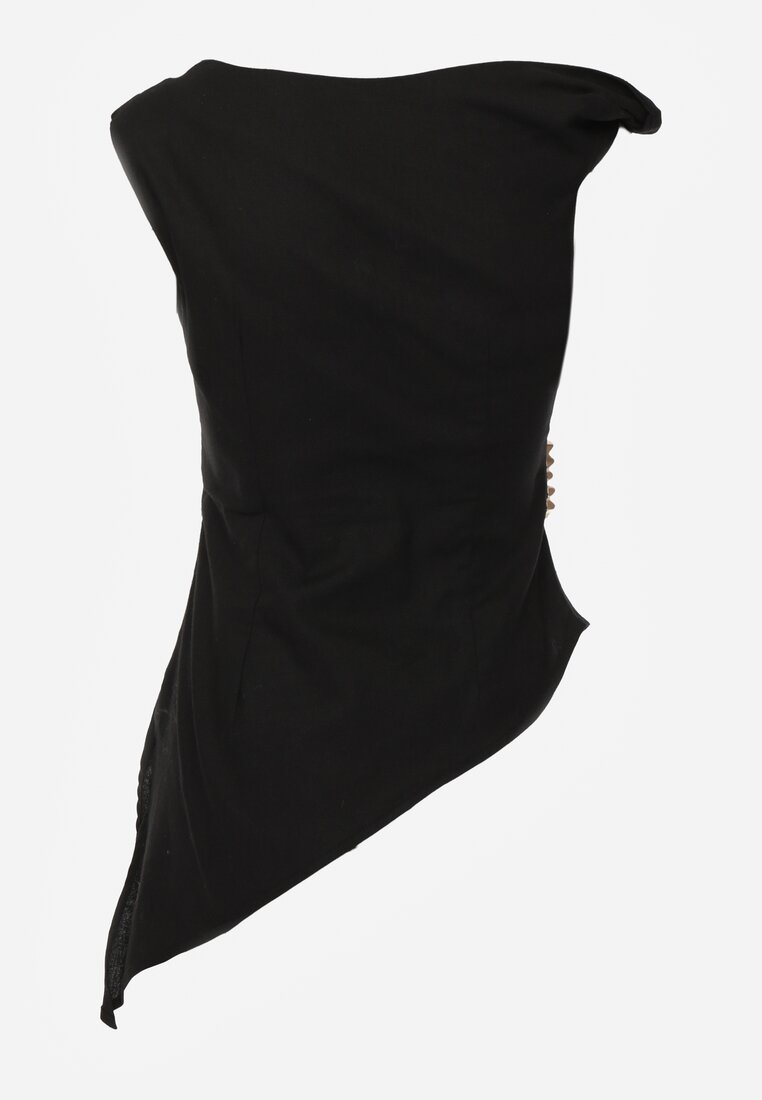 Czarna Marszczona Asymetryczna Bluzka z Bawełny z Ozdobą 3D Thellike