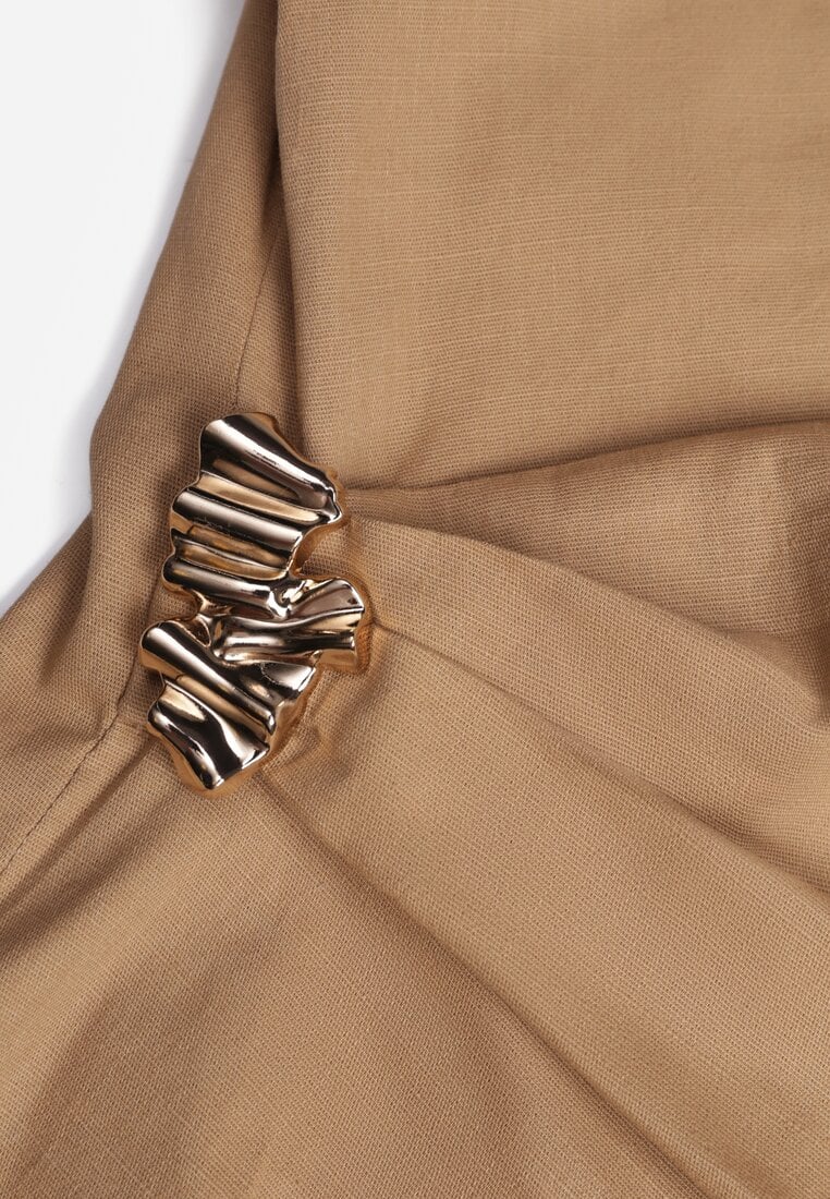 Beżowa Marszczona Asymetryczna Bluzka z Bawełny z Ozdobą 3D Thellike