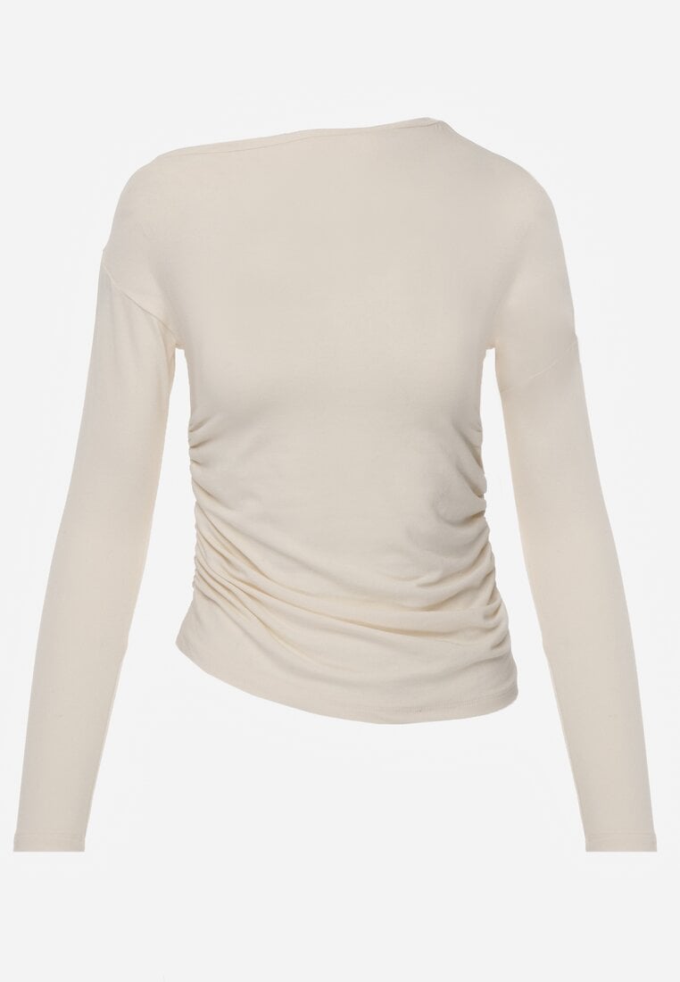 Beżowa Marszczona Bluzka z Wiskozą i Bawełną Trihal