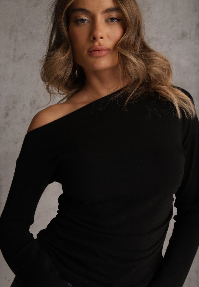 Czarna Marszczona Bluzka z Wiskozą i Bawełną Trihal