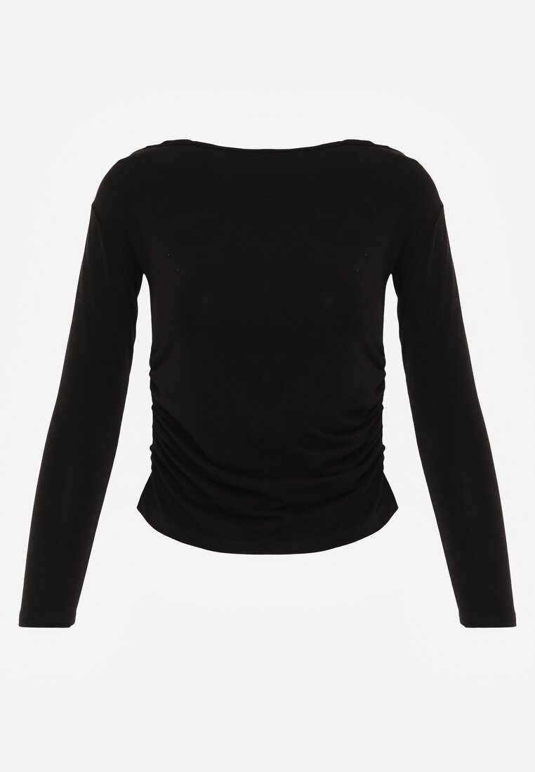 Czarna Marszczona Bluzka z Wiskozą i Bawełną Trihal