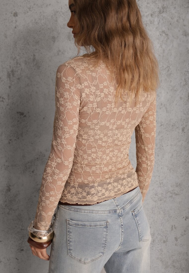 Beżowa Bluzka Longsleeve z Półtransparentnej Koronki Arnoxia