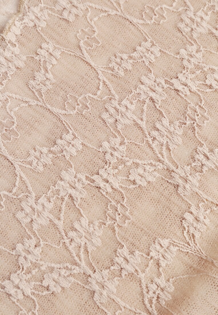 Beżowa Bluzka Longsleeve z Półtransparentnej Koronki Arnoxia