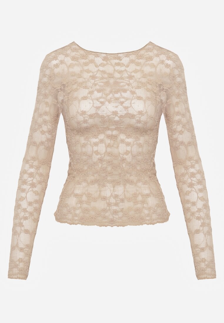 Beżowa Bluzka Longsleeve z Półtransparentnej Koronki Arnoxia