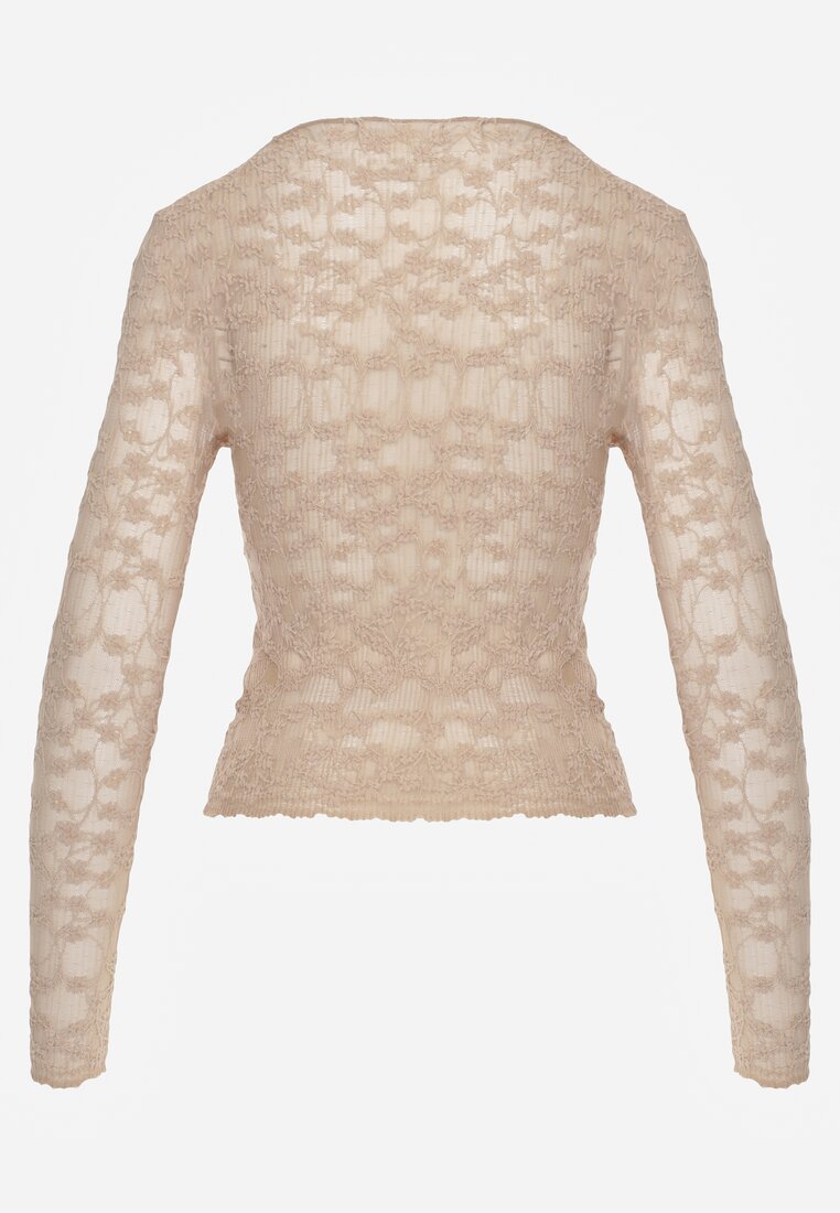 Beżowa Bluzka Longsleeve z Półtransparentnej Koronki Arnoxia