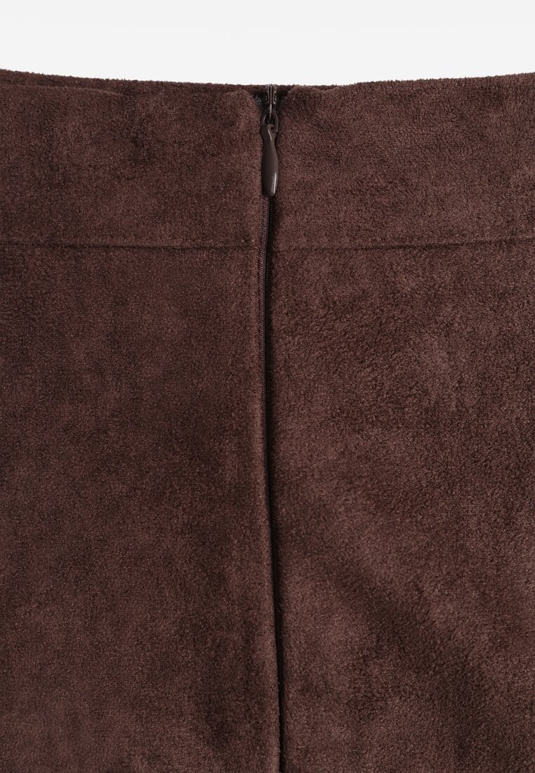 Brązowa Gładka Spódnica z Imitacji Zamszu o Rozkloszowanym Kroju Nettia