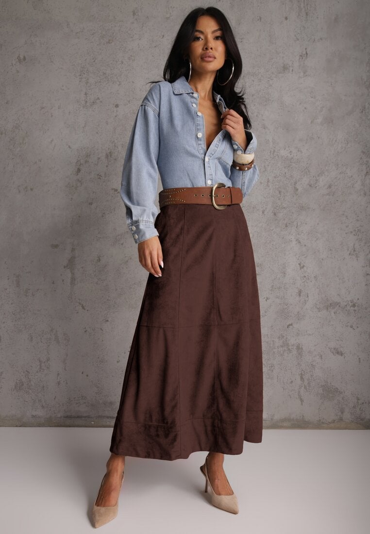 Brązowa Gładka Spódnica z Imitacji Zamszu o Rozkloszowanym Kroju Nettia