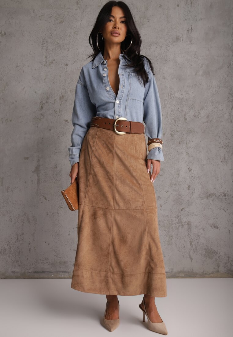 Beżowa Gładka Spódnica z Imitacji Zamszu o Rozkloszowanym Kroju Nettia