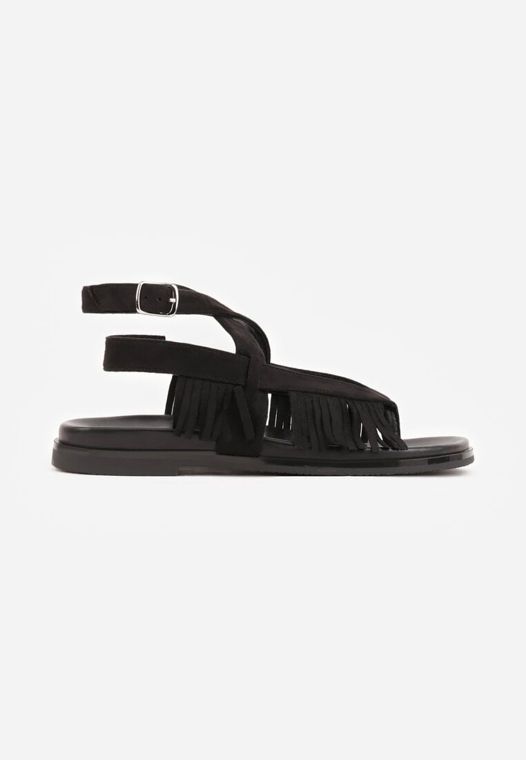 Czarne Sandały Typu Rzymianki Ozdobione Frędzlami Casasos