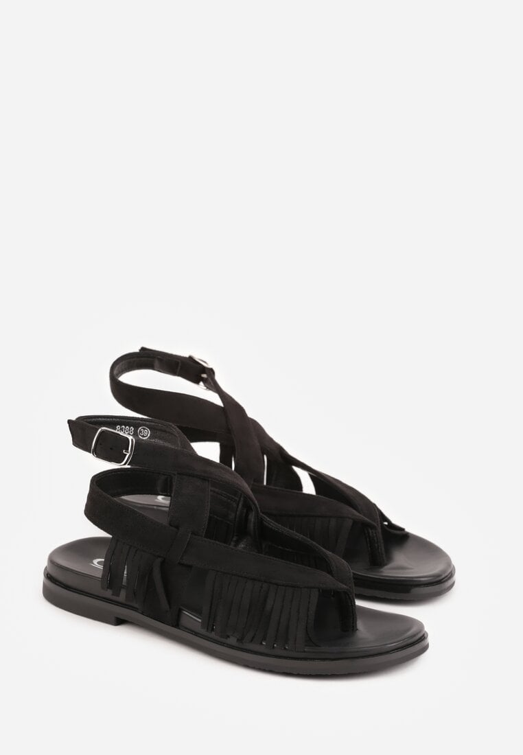 Czarne Sandały Typu Rzymianki Ozdobione Frędzlami Casasos