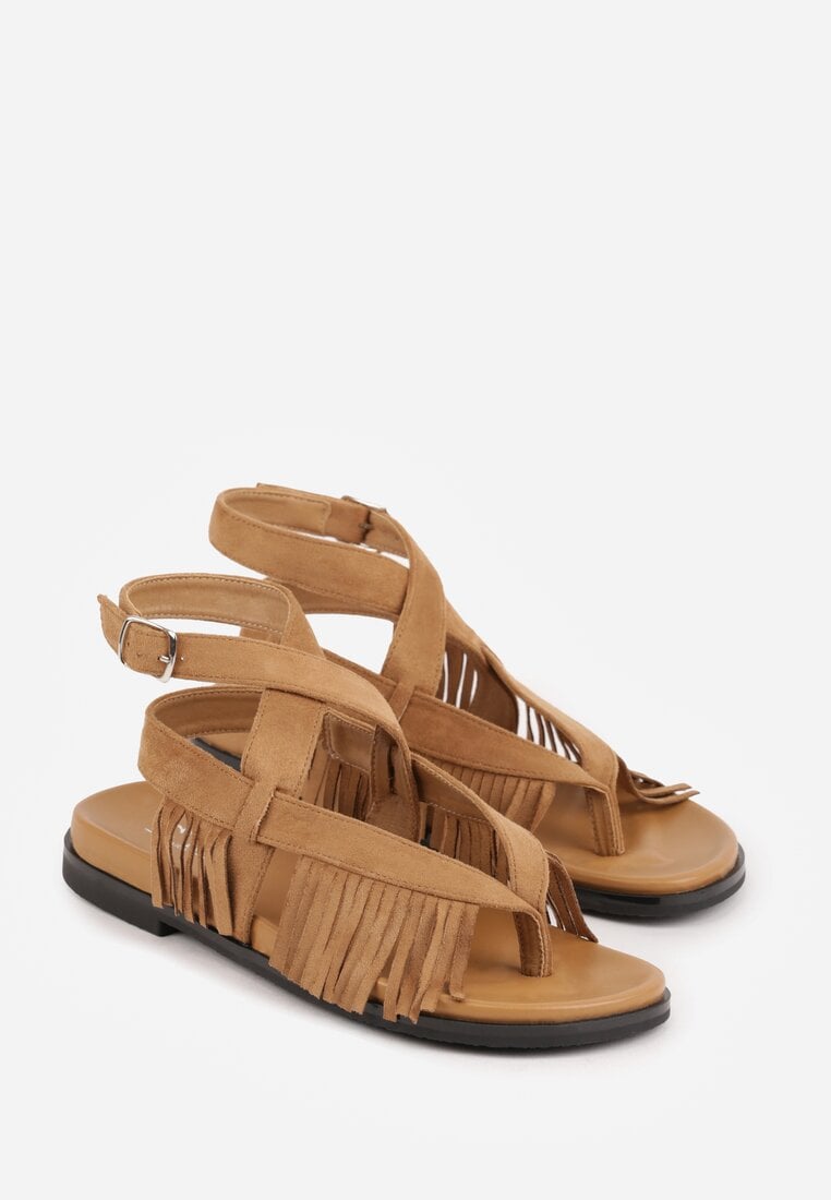 Ciemnobeżowe Sandały Typu Rzymianki Ozdobione Frędzlami Casasos