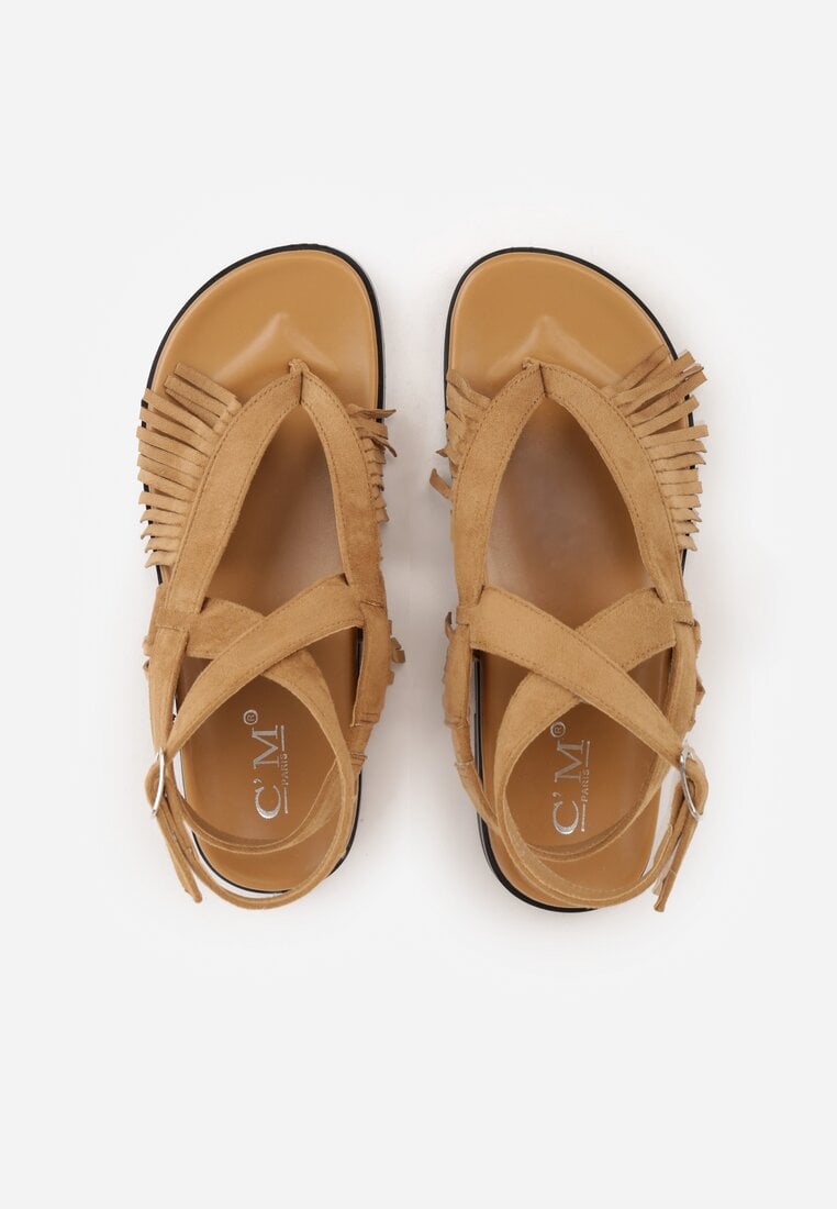 Ciemnobeżowe Sandały Typu Rzymianki Ozdobione Frędzlami Casasos