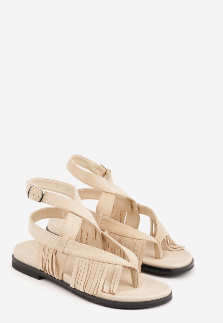 Beżowe Sandały Typu Rzymianki Ozdobione Frędzlami Casasos