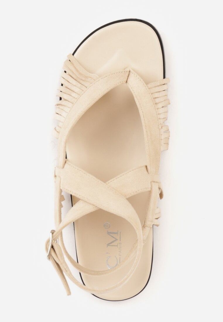 Beżowe Sandały Typu Rzymianki Ozdobione Frędzlami Casasos