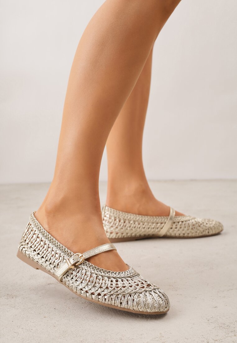 Złote Balerinki w Stylu Mary Jane z Szydełkową Cholewką Syroelle