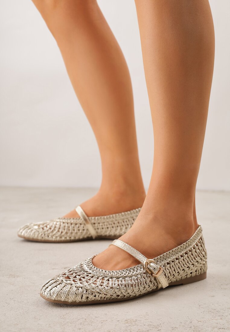 Złote Balerinki w Stylu Mary Jane z Szydełkową Cholewką Syroelle