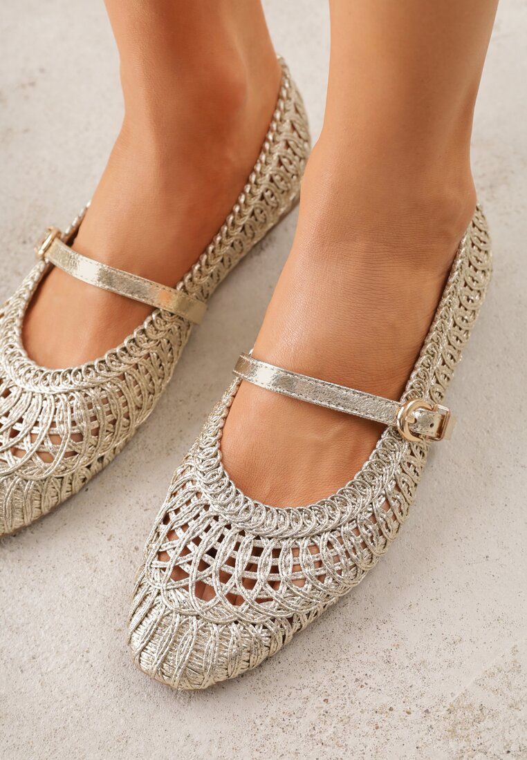 Złote Balerinki w Stylu Mary Jane z Szydełkową Cholewką Syroelle