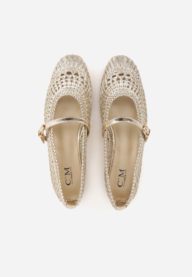 Złote Balerinki w Stylu Mary Jane z Szydełkową Cholewką Syroelle