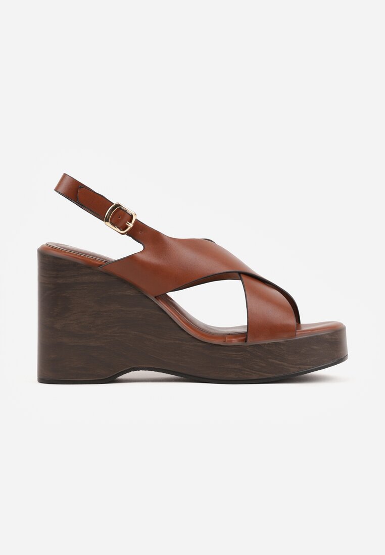 Jasnobrązowe Sandały na Platformie i Koturnie z Geometryczną Cholewką Adrasithise
