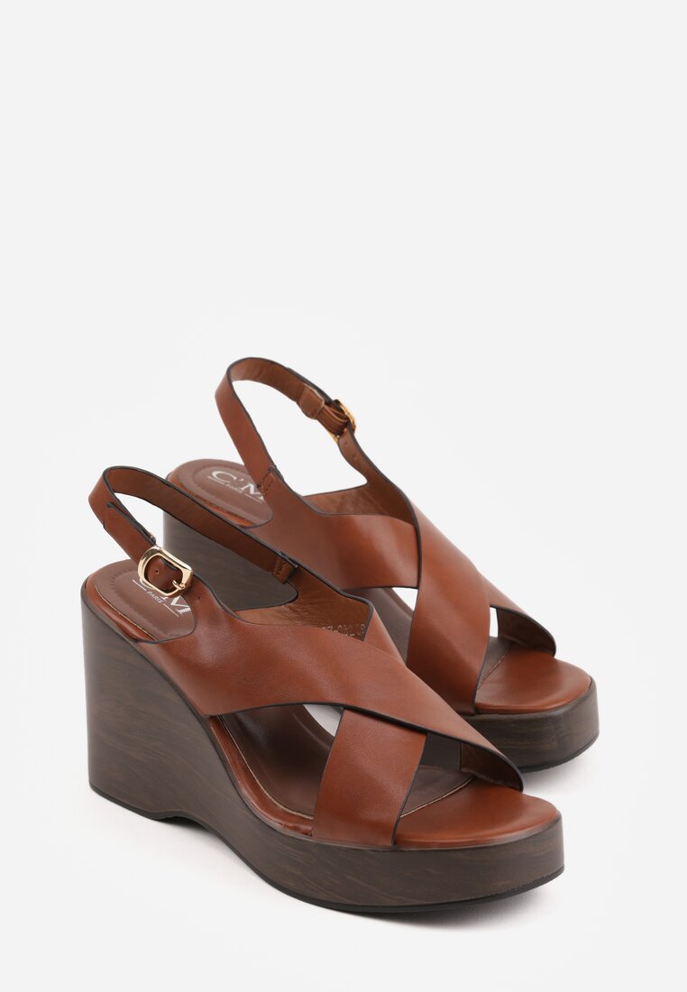 Jasnobrązowe Sandały na Platformie i Koturnie z Geometryczną Cholewką Adrasithise
