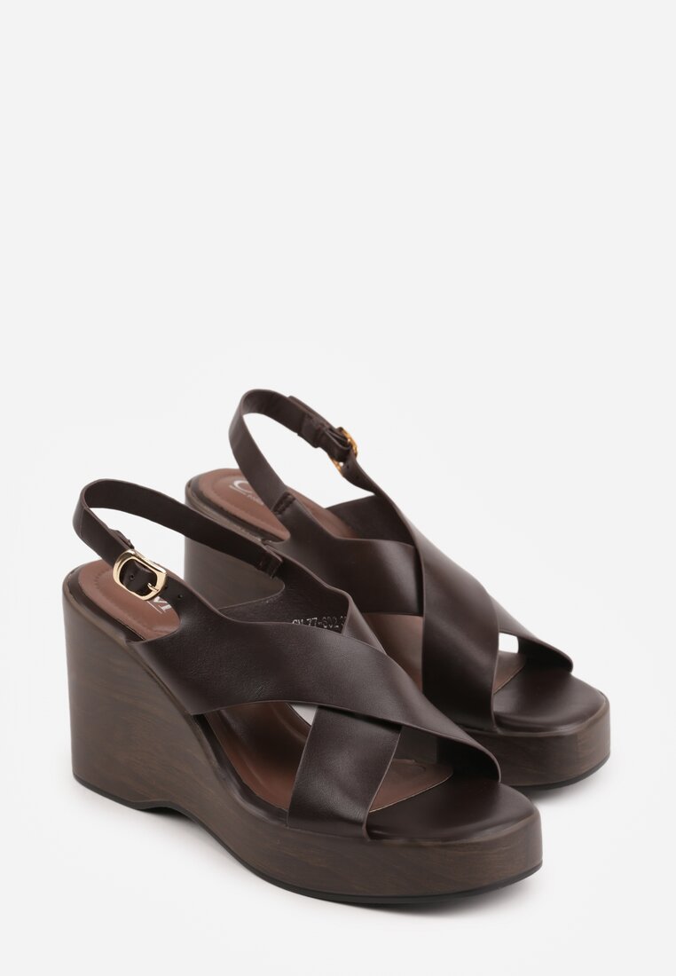 Brązowe Sandały na Platformie i Koturnie z Geometryczną Cholewką Adrasithise