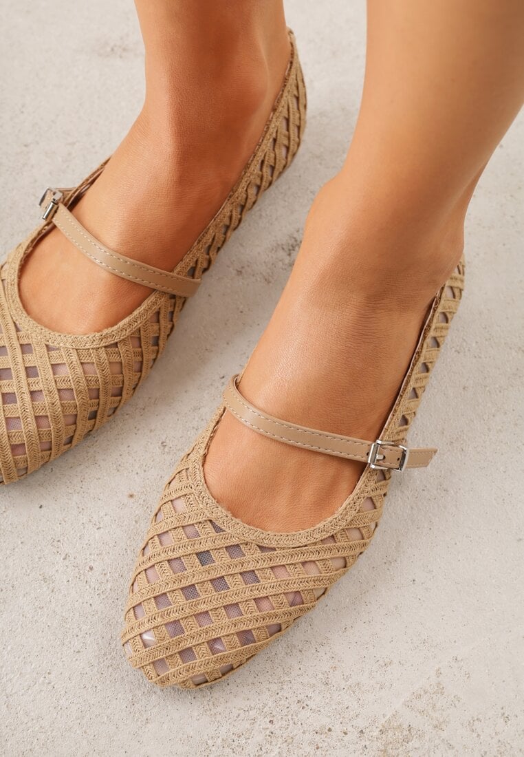 Beżowe Balerinki z Ażurowym Wzorem i Paskiem Astethera