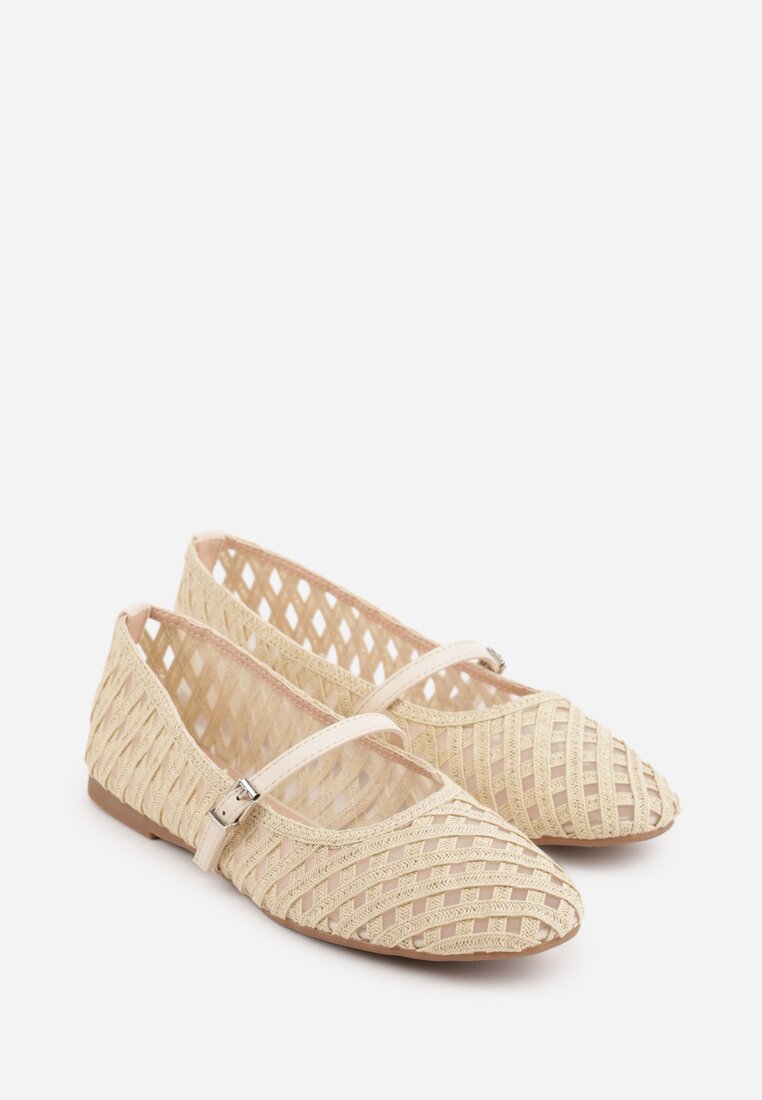 Jasnobeżowe Balerinki z Ażurowym Wzorem i Paskiem Astethera