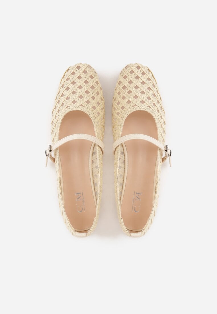Jasnobeżowe Balerinki z Ażurowym Wzorem i Paskiem Astethera