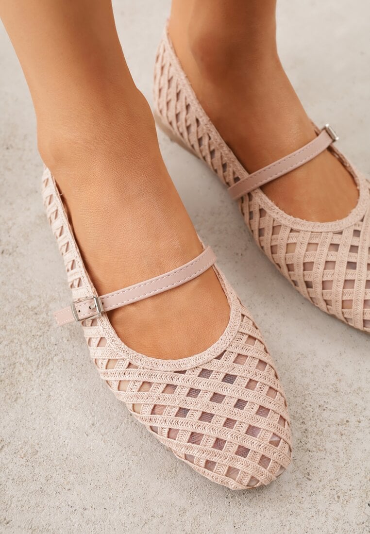 Różowe Balerinki z Ażurowym Wzorem i Paskiem Astethera