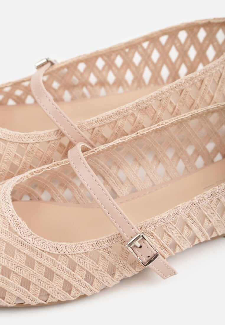Różowe Balerinki z Ażurowym Wzorem i Paskiem Astethera