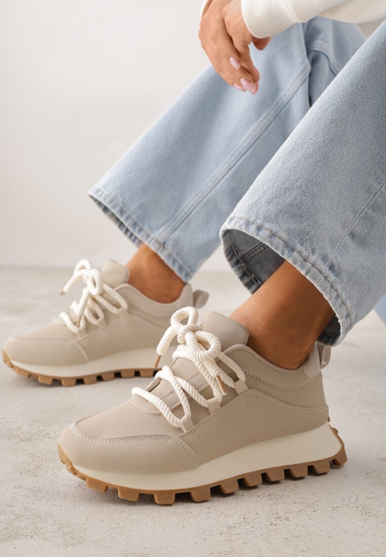 Beżowe Sneakersy na Platformie Ozdobionej Tłoczeniem Zerla