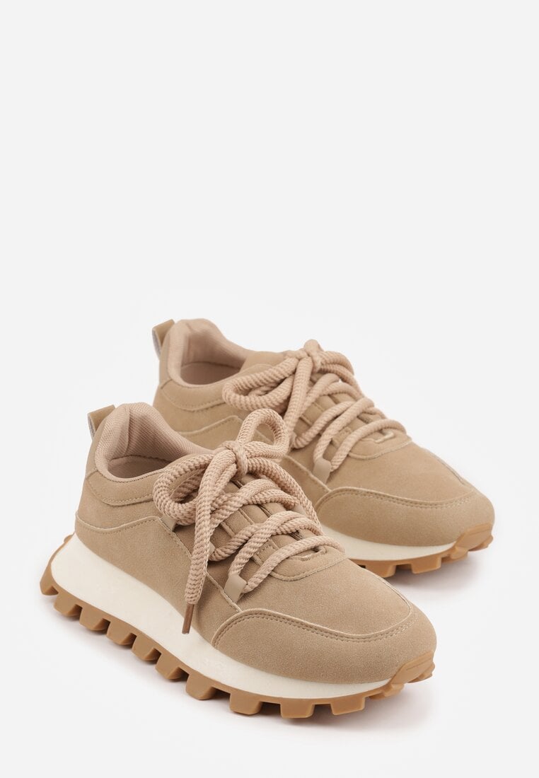 Ciemnobeżowe Sneakersy na Platformie Ozdobionej Tłoczeniem Zerla