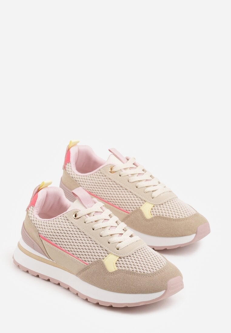 Ciemnobeżowe Sneakersy z Siateczką i Modnymi Wstawkami Corona