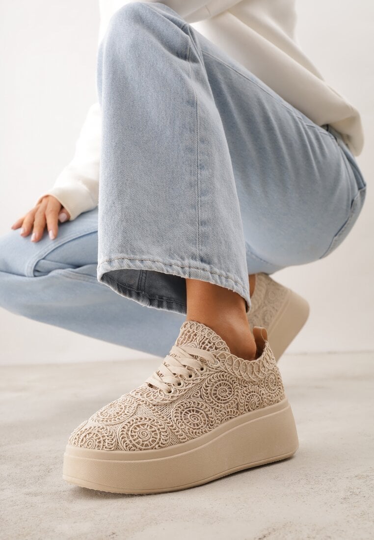 Beżowe Sneakersy Boho na Platformie Zdobione Plecionym Wzorem Abilama