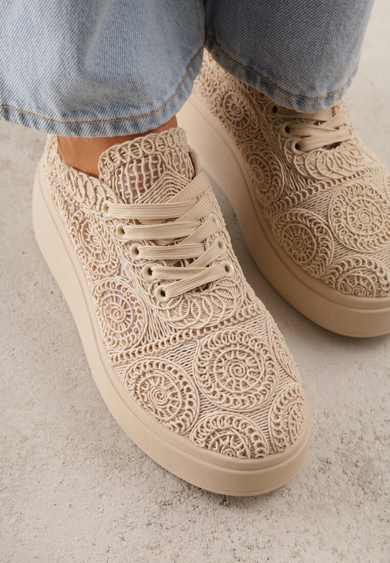 Beżowe Sneakersy Boho na Platformie Zdobione Plecionym Wzorem Abilama