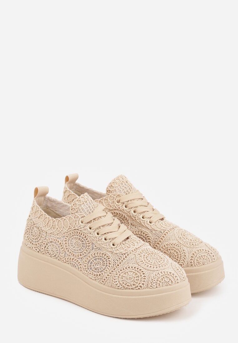 Beżowe Sneakersy Boho na Platformie Zdobione Plecionym Wzorem Abilama