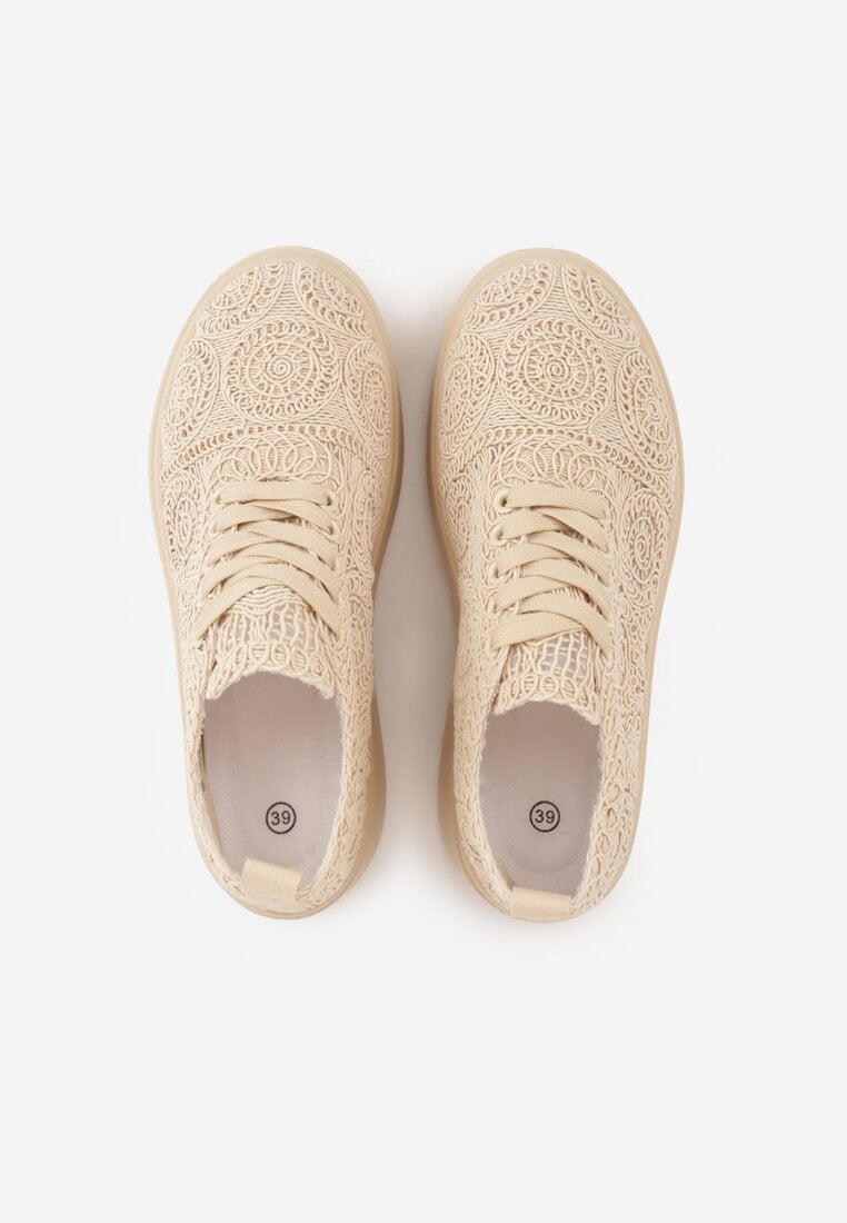 Beżowe Sneakersy Boho na Platformie Zdobione Plecionym Wzorem Abilama