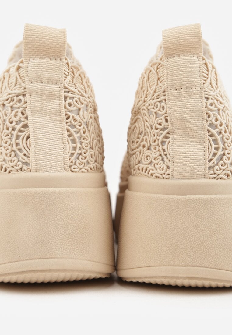 Beżowe Sneakersy Boho na Platformie Zdobione Plecionym Wzorem Abilama